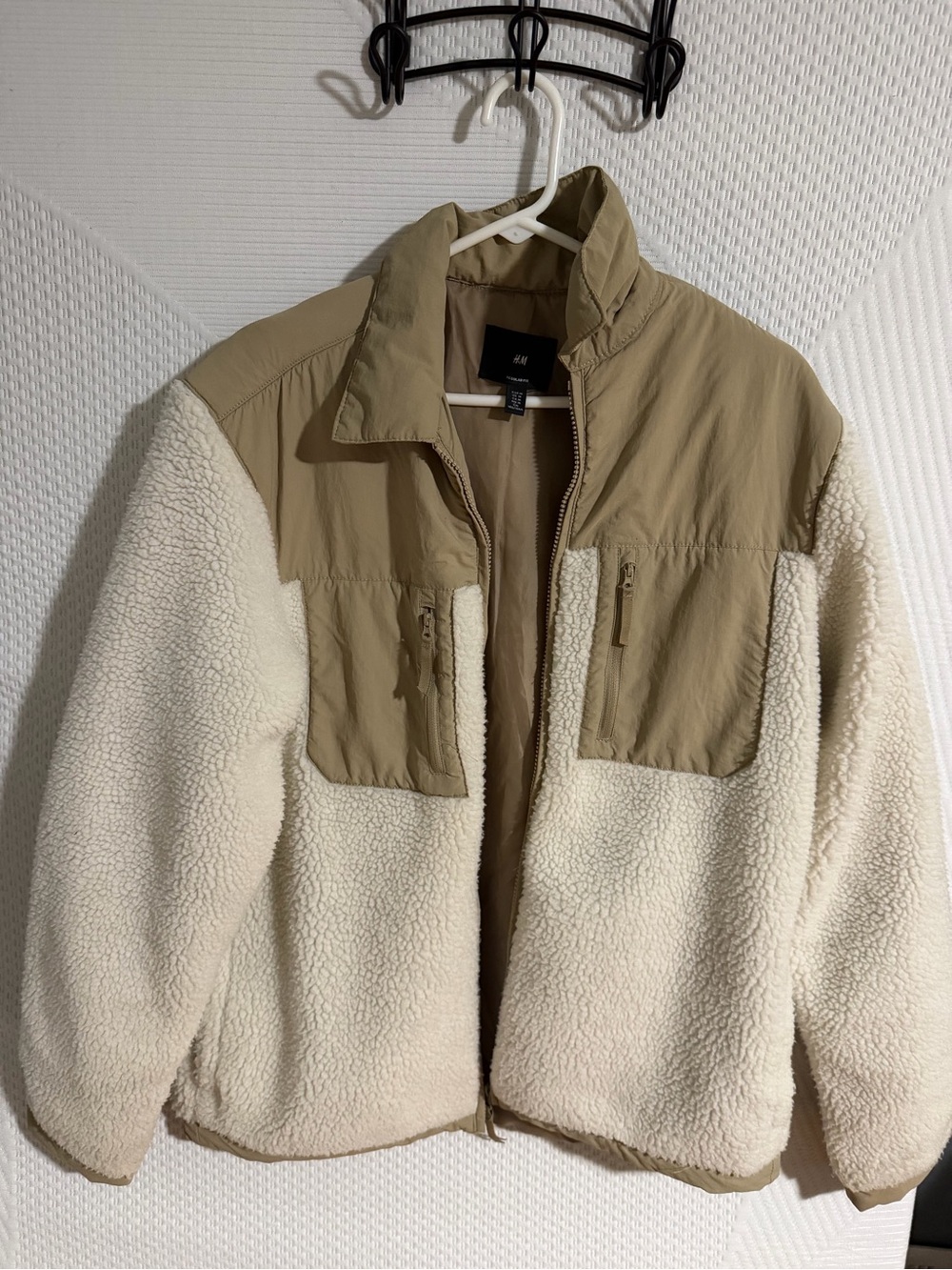 H&M Men's Cream Sherpa Jacket with Beige Nylon Yoke